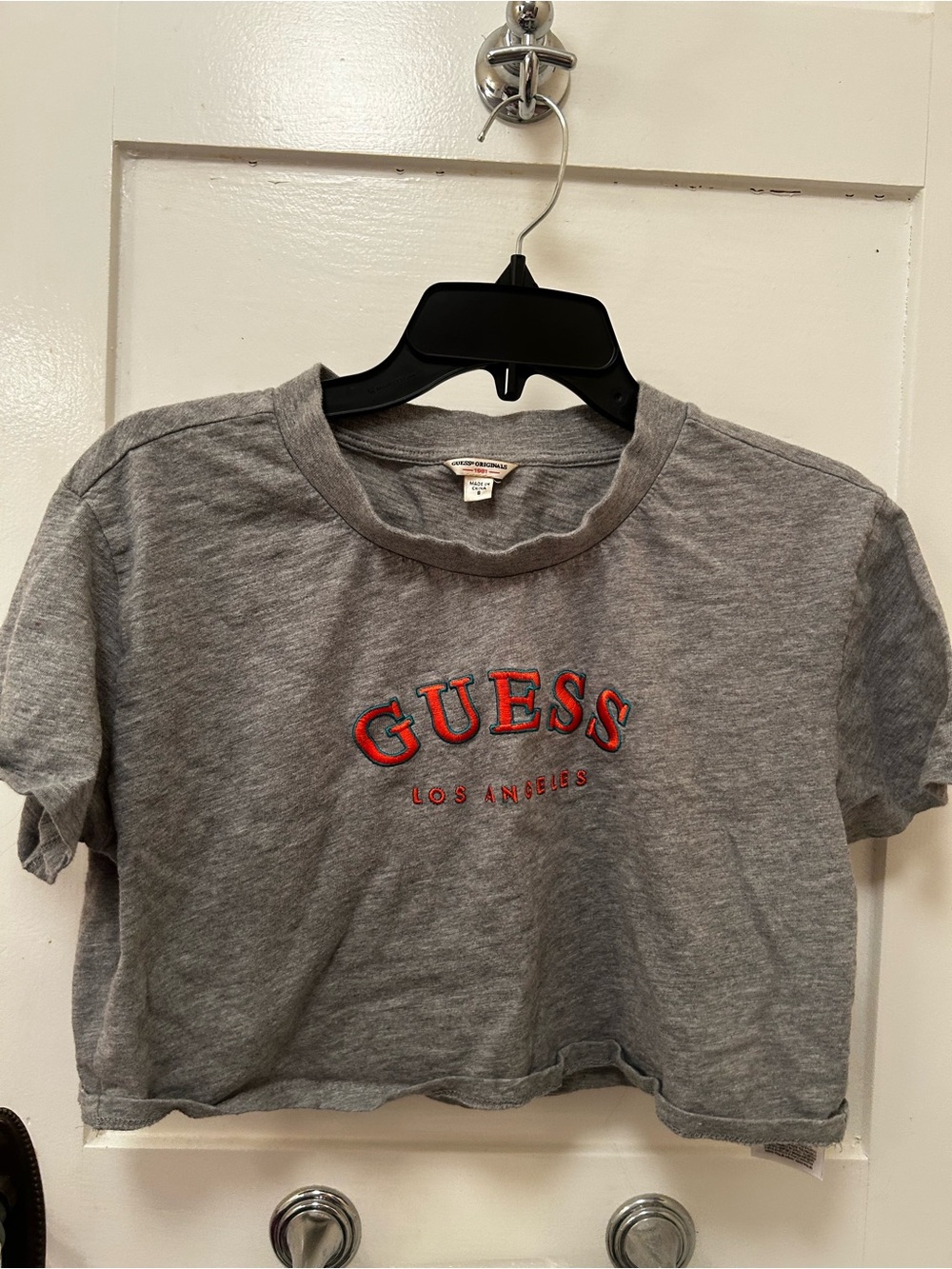 GUESS Gray Cropped Tee with Red Embroidered Logo